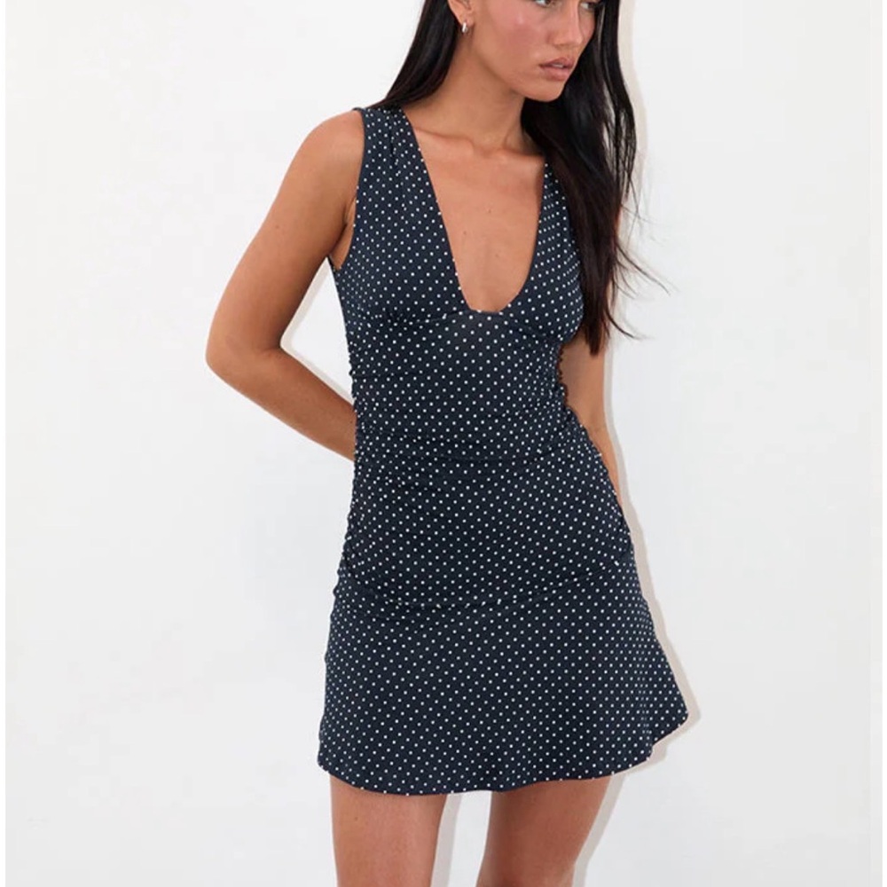 NWT | Motel Rocks Luscian Plunge Mini Dress In Micro Polka Dot Navy